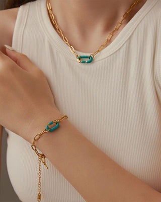 Gold Oval Link Necklace with Aqua enamel clasp Gold/Aqua