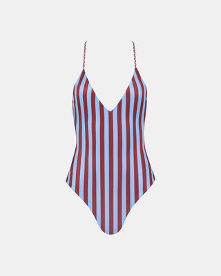 Aruba Plunge Deep V Neck Burgendy Stripe