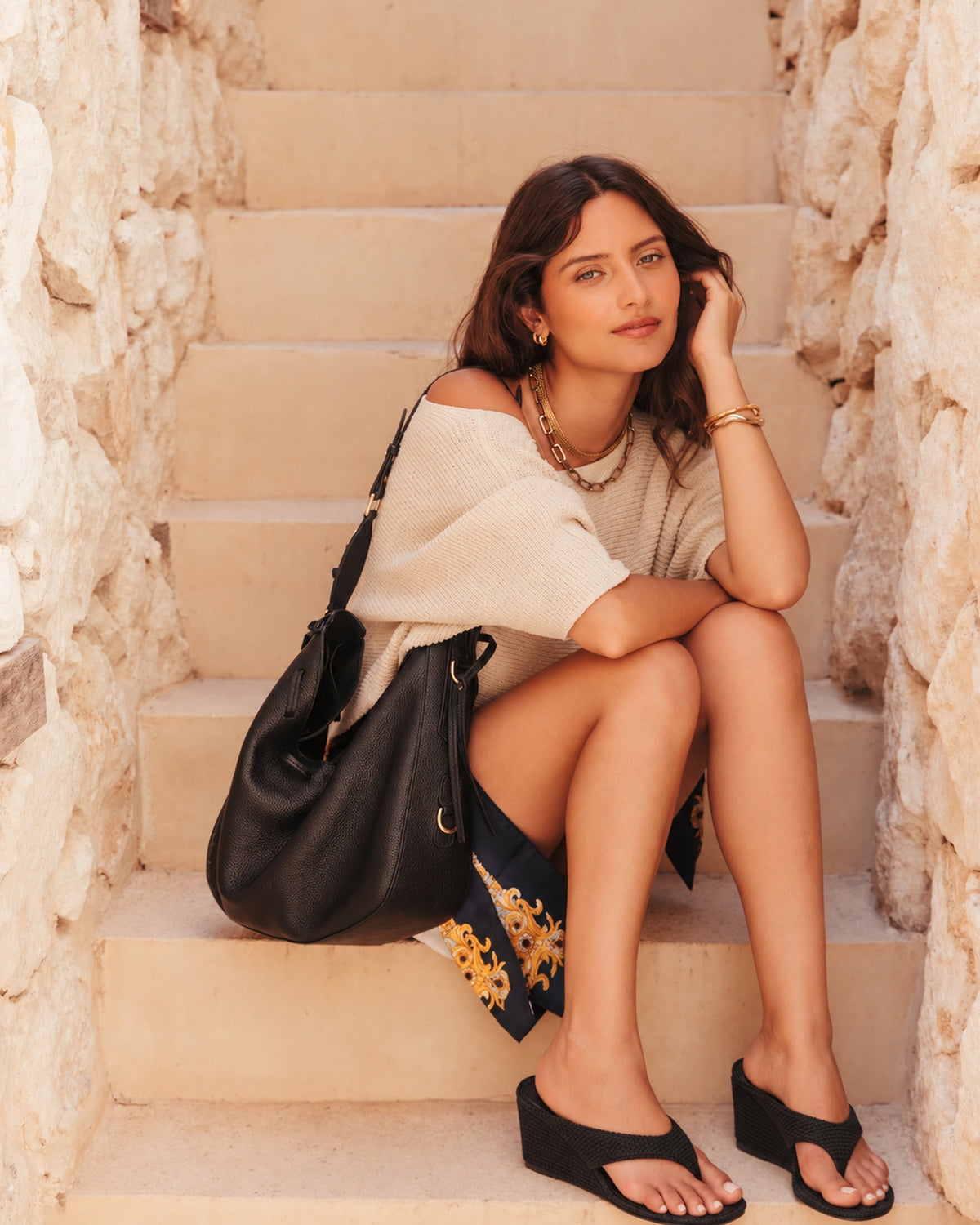 Lujo Wedge Thong Black Raffia