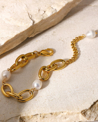 Pearl Oval Link Bracelet Gold/White Pearl